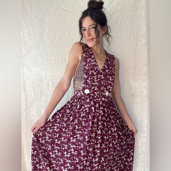 Vintage 80s Purple Floral Pinafore Dress 100% Rayon Apron Style Overall Dress - Picture 8 of 11